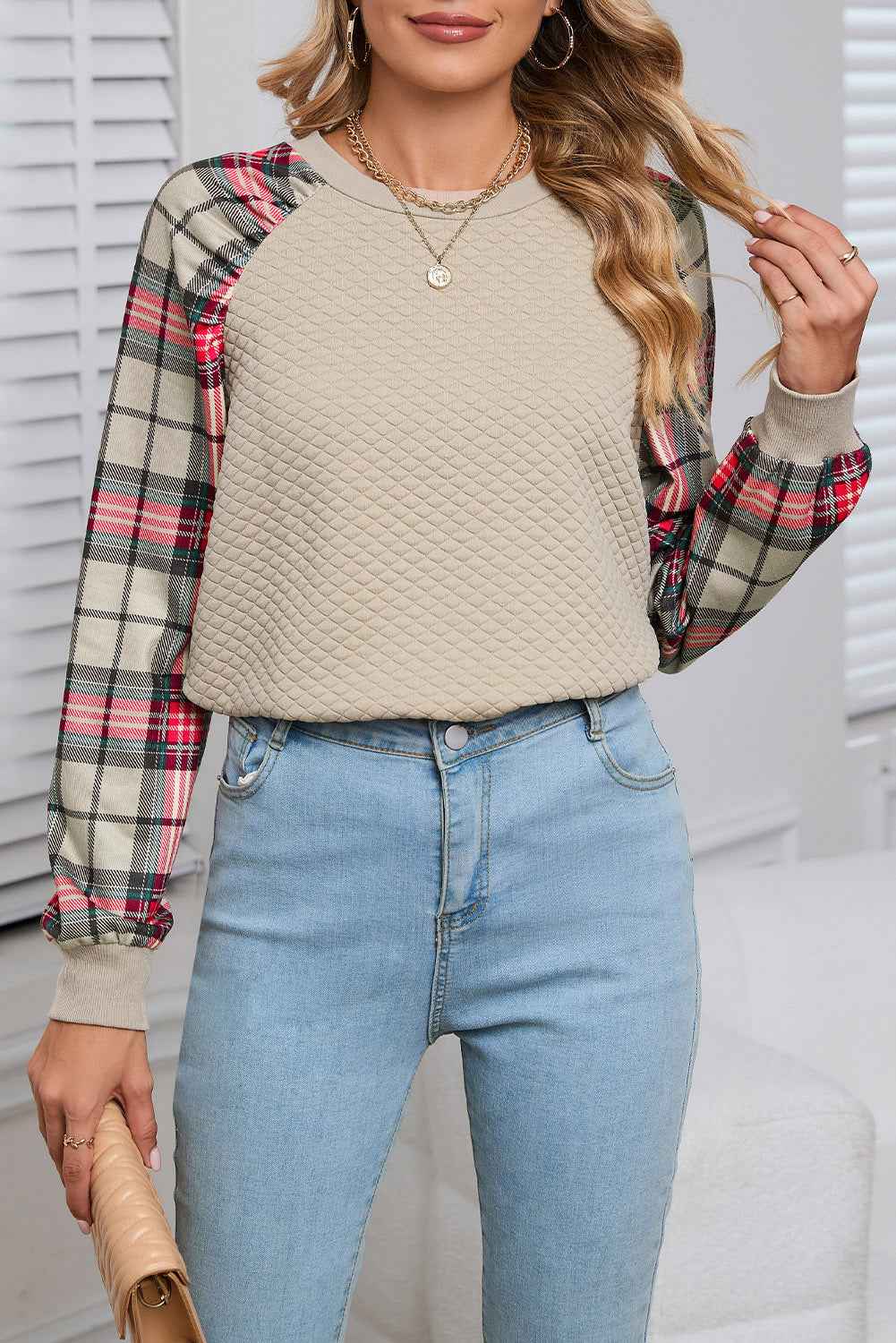 K.B. Shaws: Chic Apricot Plaid Print Quilted Sweatshirt