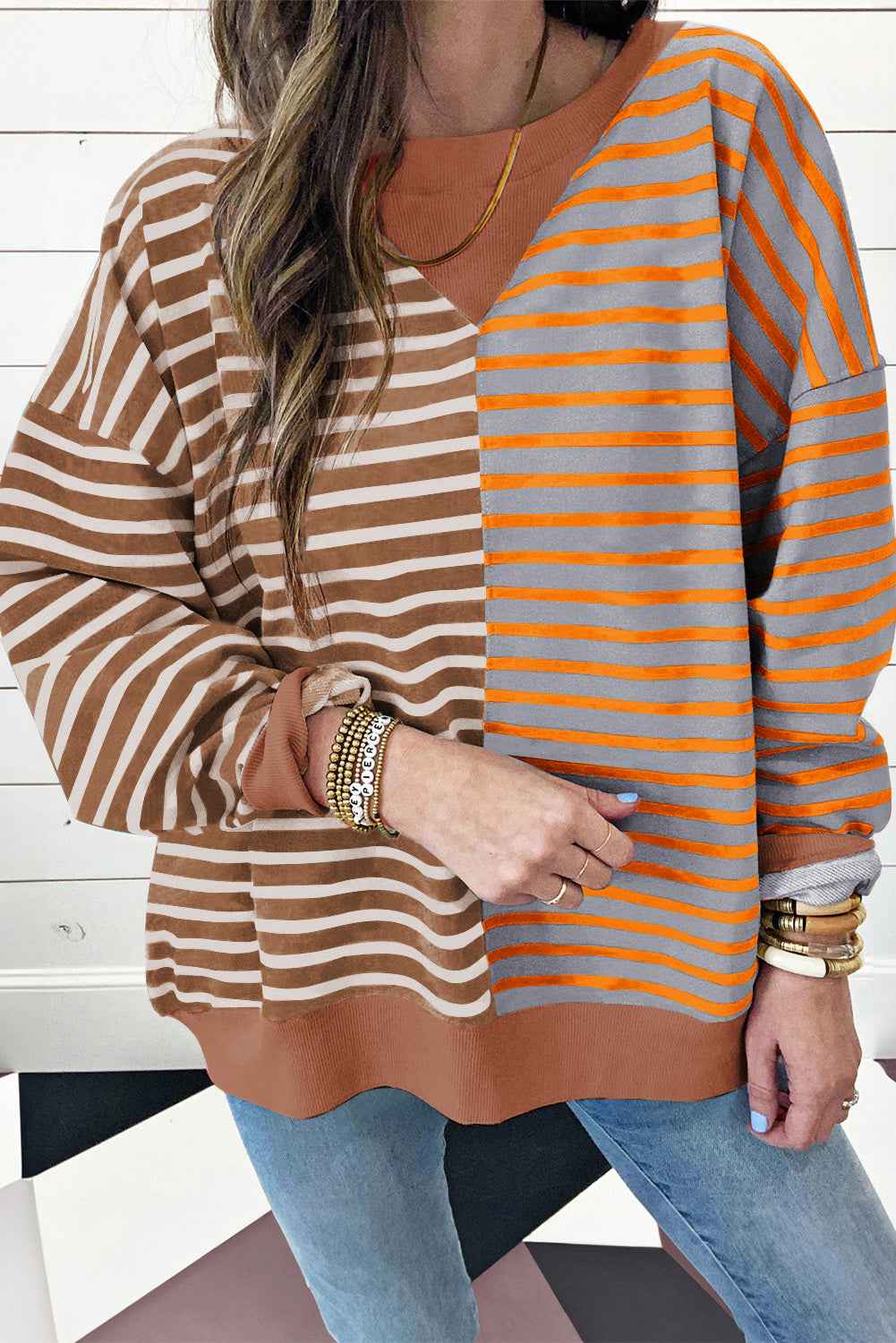 K.B. Shaws: Pink Stripe Colorblock Drop Shoulder Oversize Sweatshirt