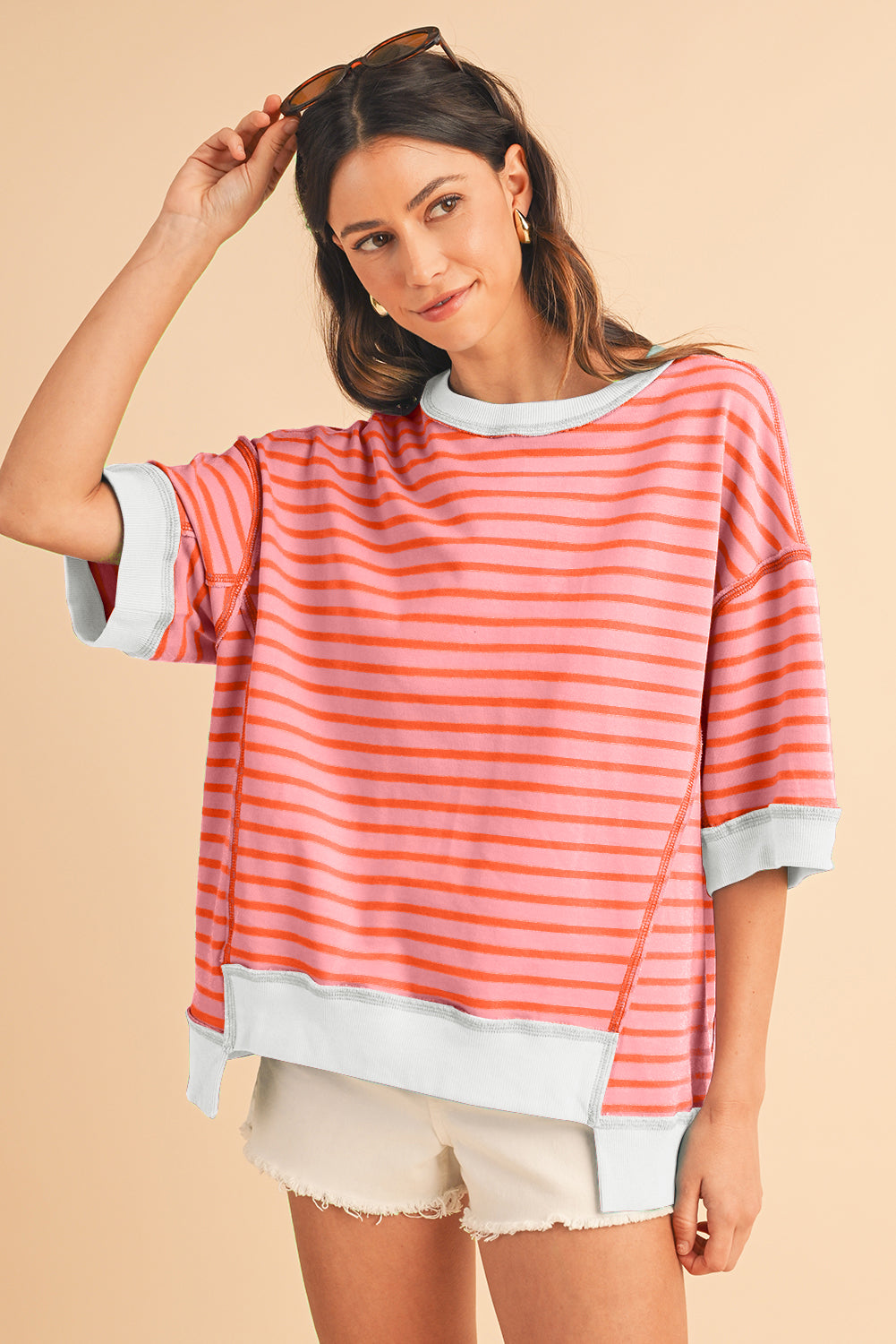 K.B. Shaws: Pink Stripe Colorblock Oversized T-Shirt - K.B. Shaws  Womens Apparel features luxury womens clothing including trendy womens dresses casual tops stylish skirts elegant blouses chic jumpsuits cozy sweater tailored pants and bold outerwear Perfect for all occasions work wear evening outfits party dresses or casual womens wear our collection embodies confidence style and sophistication Shop kB Shaw for fashionable womens apparel empowering womens outfits and timeless wardrobe essentials