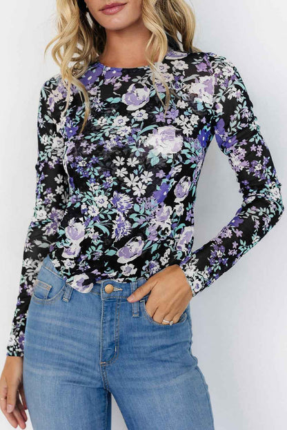 K.B. Shaws: Green Floral Print Mesh Long Sleeve Top