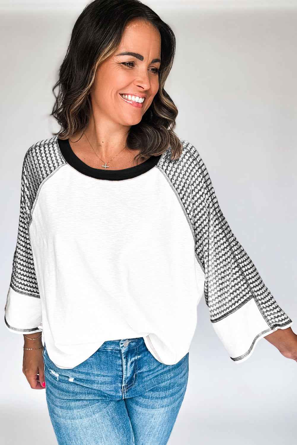 K.B. Shaws: Chic White Striped Raglan Sleeve Patchwork Top