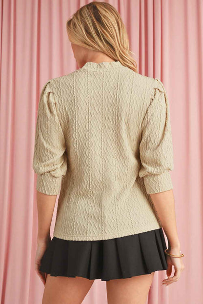 K.B. Shaws: Taupe Textured Ruched Puff Sleeve Mock Neck Top