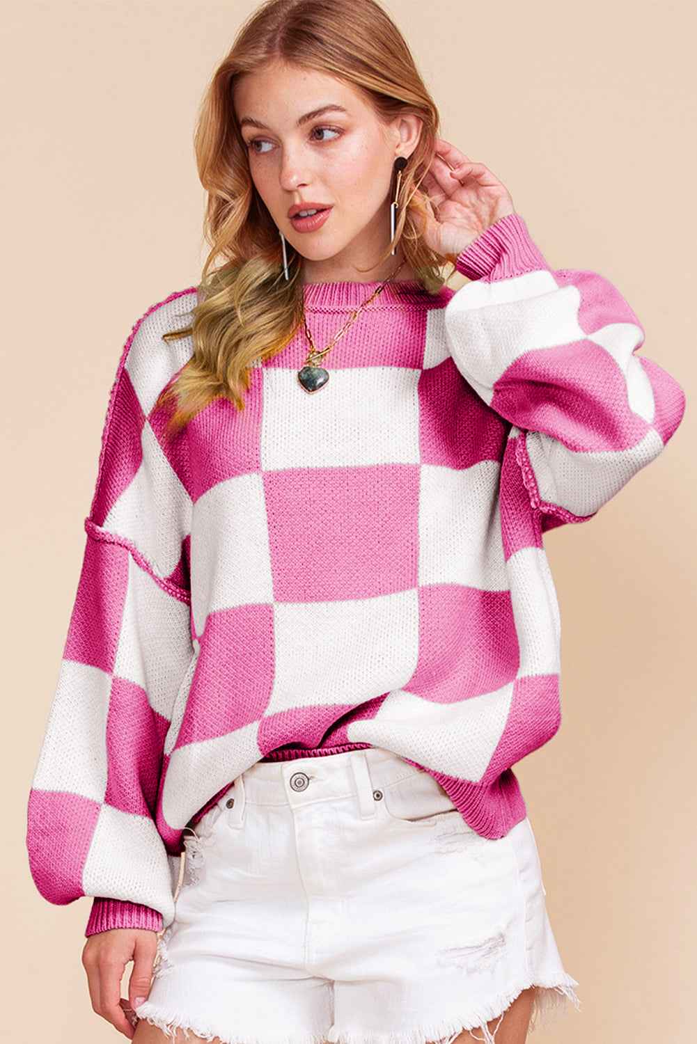 K.B. Shaws: Green Checkered Bishop Sleeve Pullover Sweater