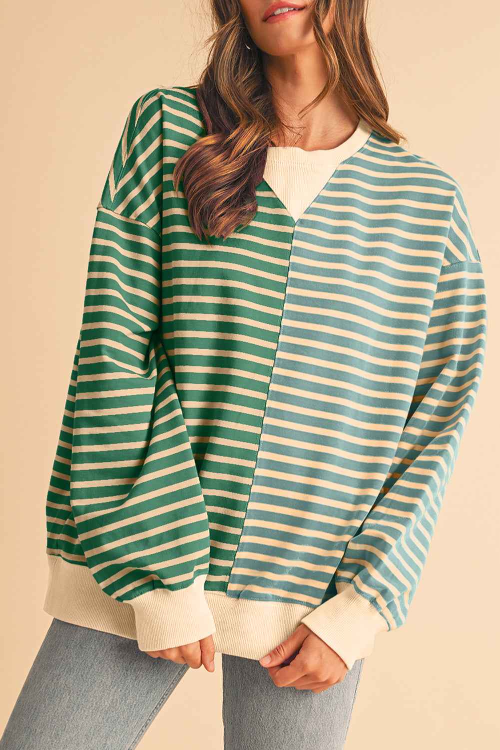 K.B. Shaws: Pink Stripe Colorblock Drop Shoulder Oversize Sweatshirt