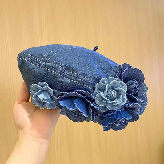 Flower Denim Beret Hat