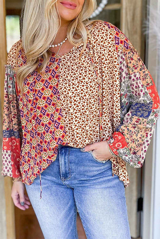 K.B. Shaws: Orange Floral Geometric Patchwork Lace-up Plus Size Blouse