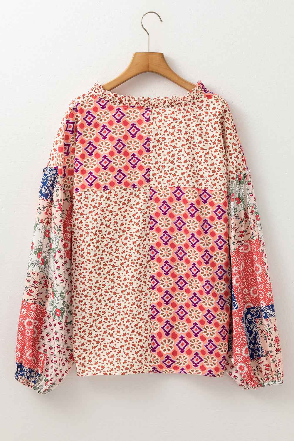 K.B. Shaws: Orange Floral Geometric Patchwork Lace-up Plus Size Blouse