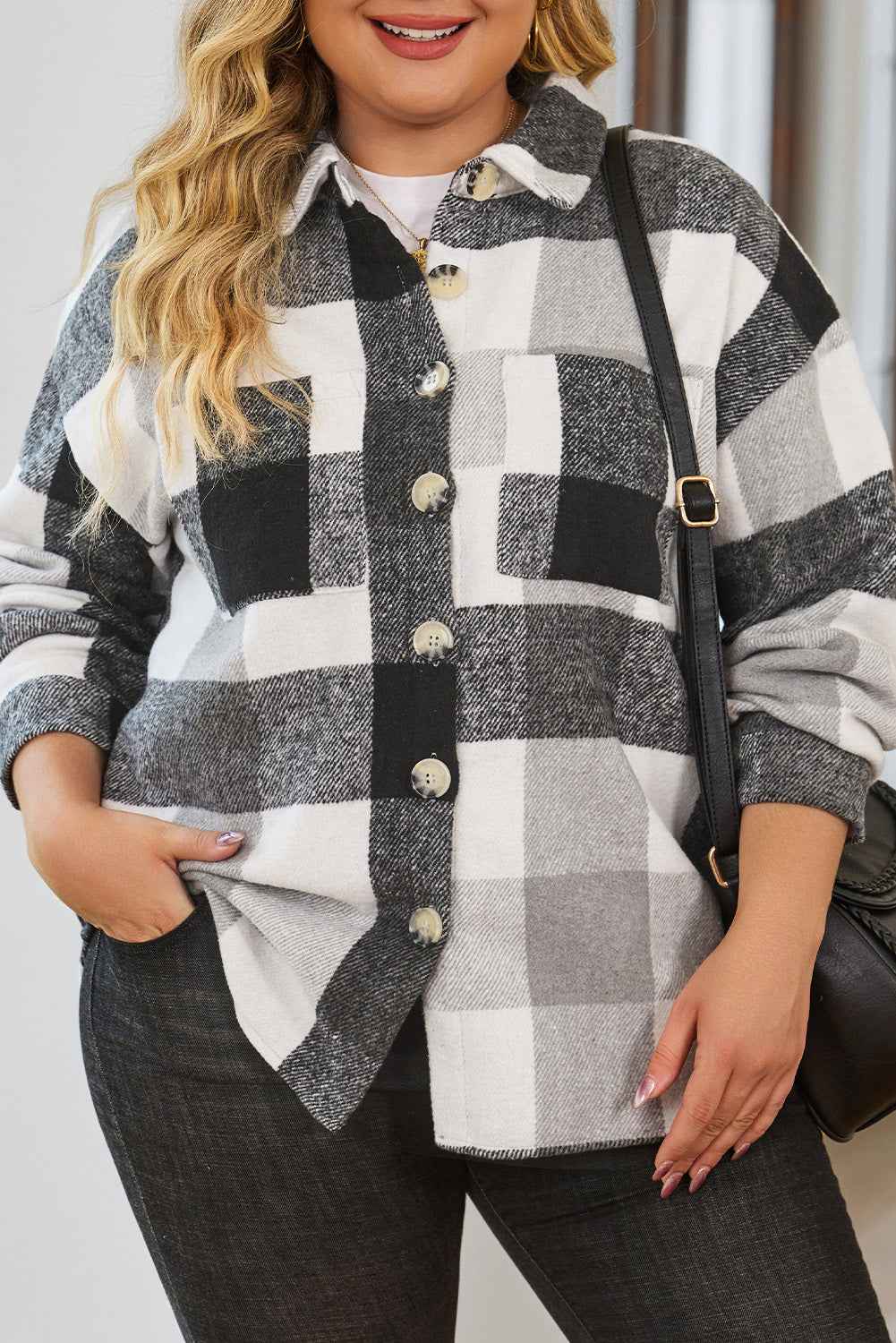 K.B. Shaws: Gray Plus Size Checkered Button-Up Shacket