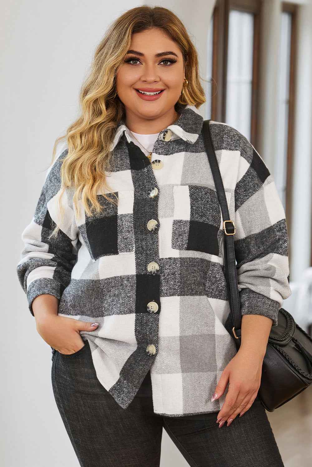 K.B. Shaws: Gray Plus Size Checkered Button-Up Shacket