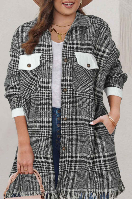 K.B. Shaws: Black Plus Size Plaid Fringe Hem Midi Coat