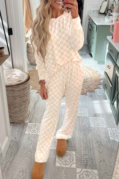 K.B. Shaws: Beige Checkered Print Long Sleeve Loose Fit Pajama Set