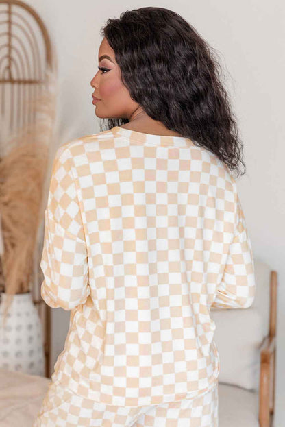 K.B. Shaws: Beige Checkered Print Long Sleeve Loose Fit Pajama Set