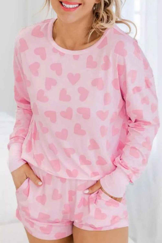 K.B. Shaws: Pink Heart Print Long Sleeve Top & Shorts Loungewear Set