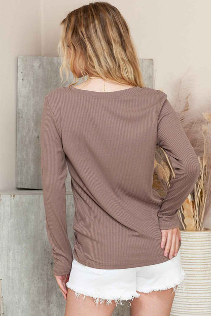 K.B. Shaws: Khaki Ribbed Knit V Neck Top with Chest Pocket