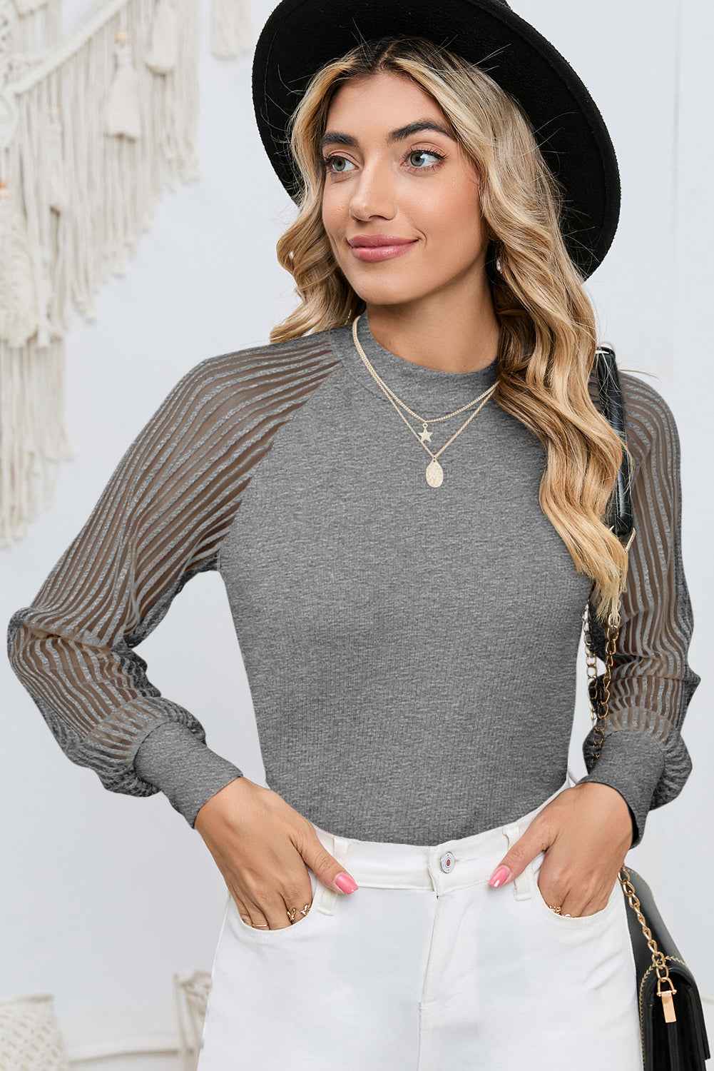 K.B. Shaws: Chic Black Striped Mesh Long Sleeve Top