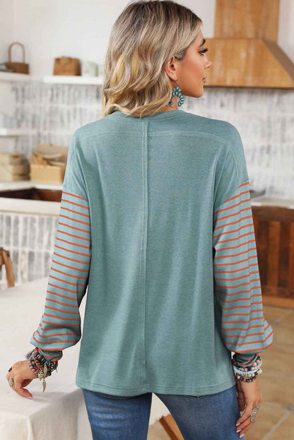 K.B. Shaws: Green Colorblock Striped Bishop Sleeve Top