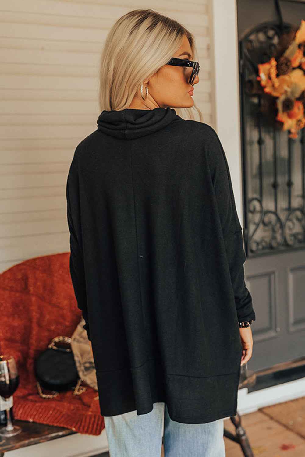 K.B. Shaws: Black Cowl Neck Loose Fit Tunic Long Sleeve Top