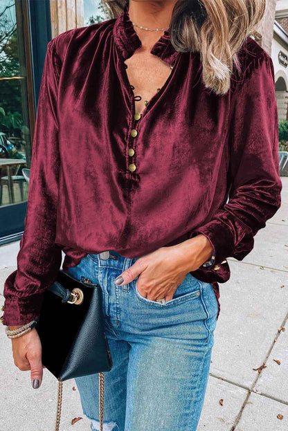 K.B. Shaws: Red Frilled Velvet Blouse