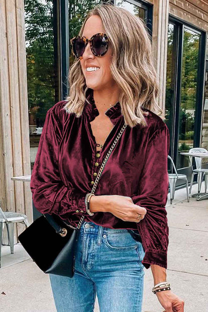 K.B. Shaws: Red Frilled Velvet Blouse