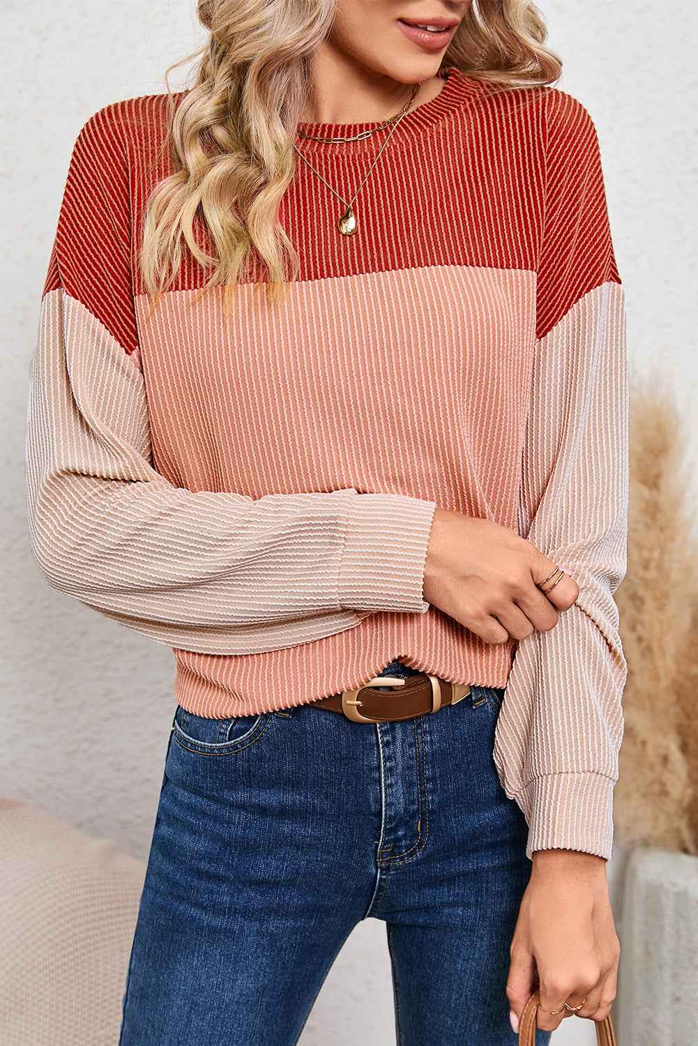 K.B. Shaws: Chic Red Color Block Ribbed Long Sleeve Top