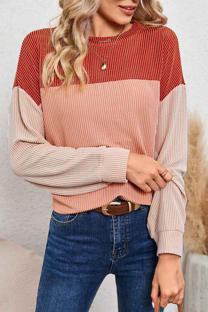 K.B. Shaws: Chic Red Color Block Ribbed Long Sleeve Top