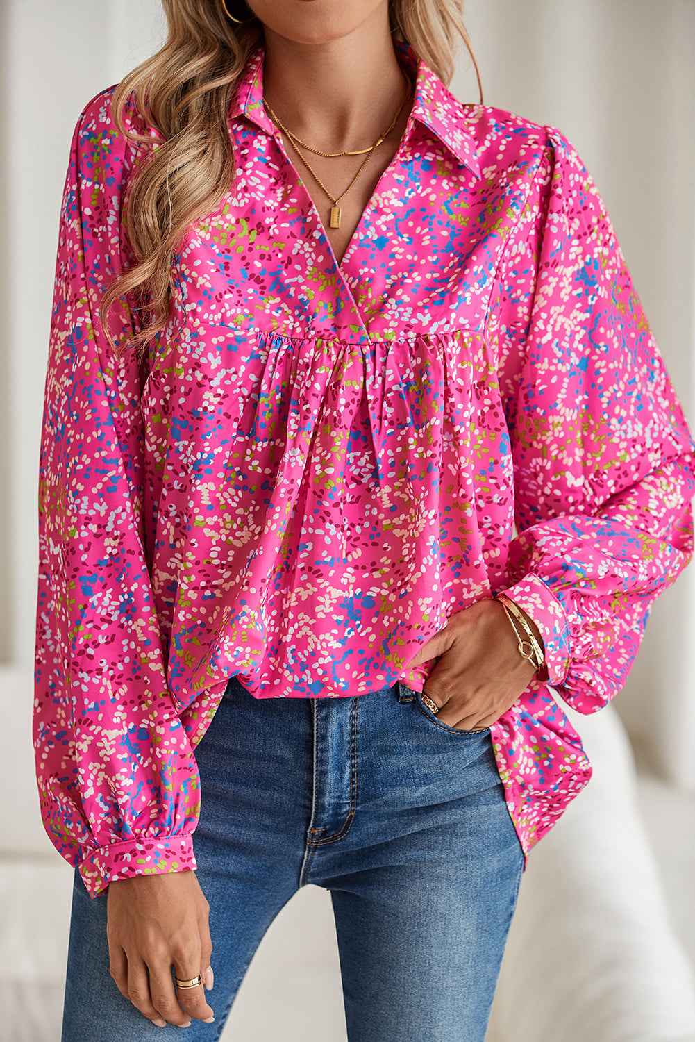 K.B. Shaws: Bonbon Abstract Print V-Neck Babydoll Blouse