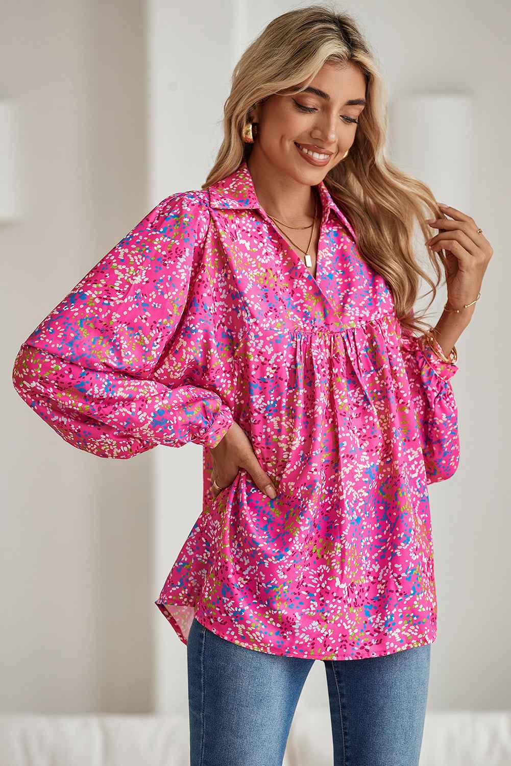 K.B. Shaws: Bonbon Abstract Print V-Neck Babydoll Blouse