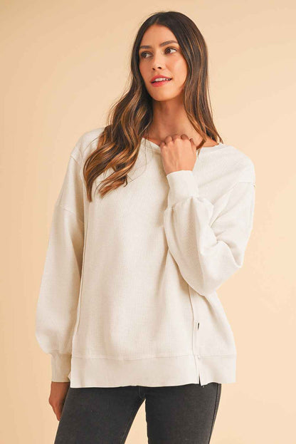 K.B. Shaws: White Waffle Bishop Sleeve Oversized Sweatshirt