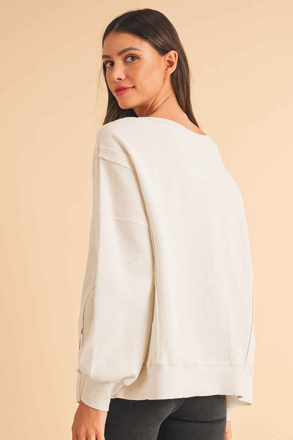 K.B. Shaws: White Waffle Bishop Sleeve Oversized Sweatshirt