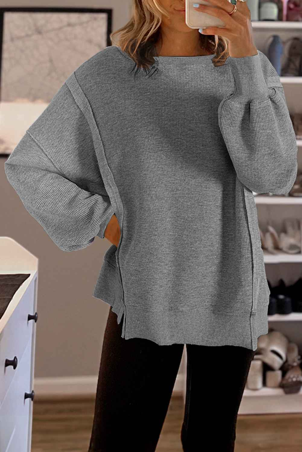 K.B. Shaws: White Waffle Bishop Sleeve Oversized Sweatshirt