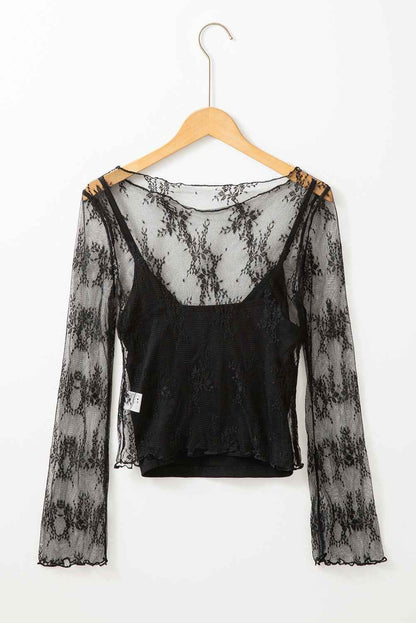 K.B. Shaws: Elegant Black Mesh Slim Fit Long Sleeve Blouse