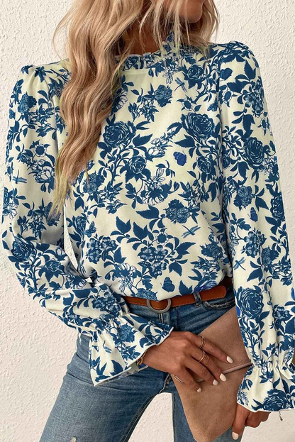 K.B. Shaws: Sky Blue Floral Print Flounce Sleeve Blouse