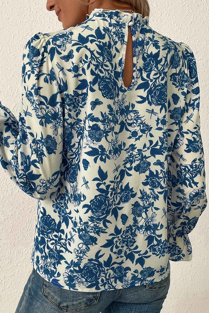 K.B. Shaws: Sky Blue Floral Print Flounce Sleeve Blouse