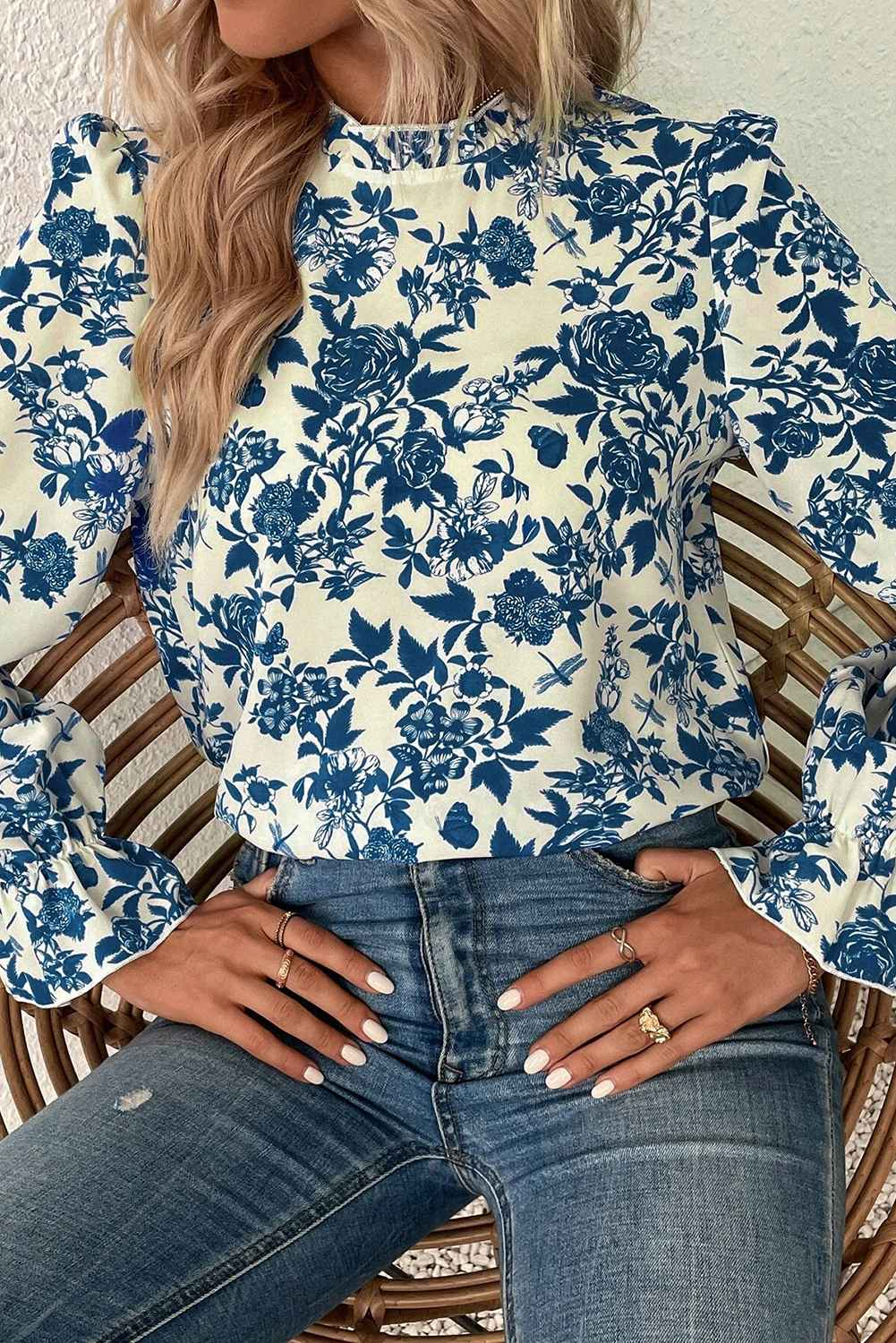 K.B. Shaws: Sky Blue Floral Print Flounce Sleeve Blouse