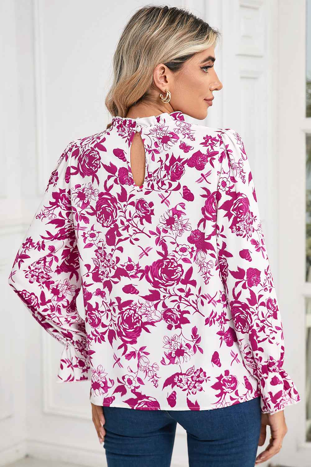 K.B. Shaws: Sky Blue Floral Print Flounce Sleeve Blouse