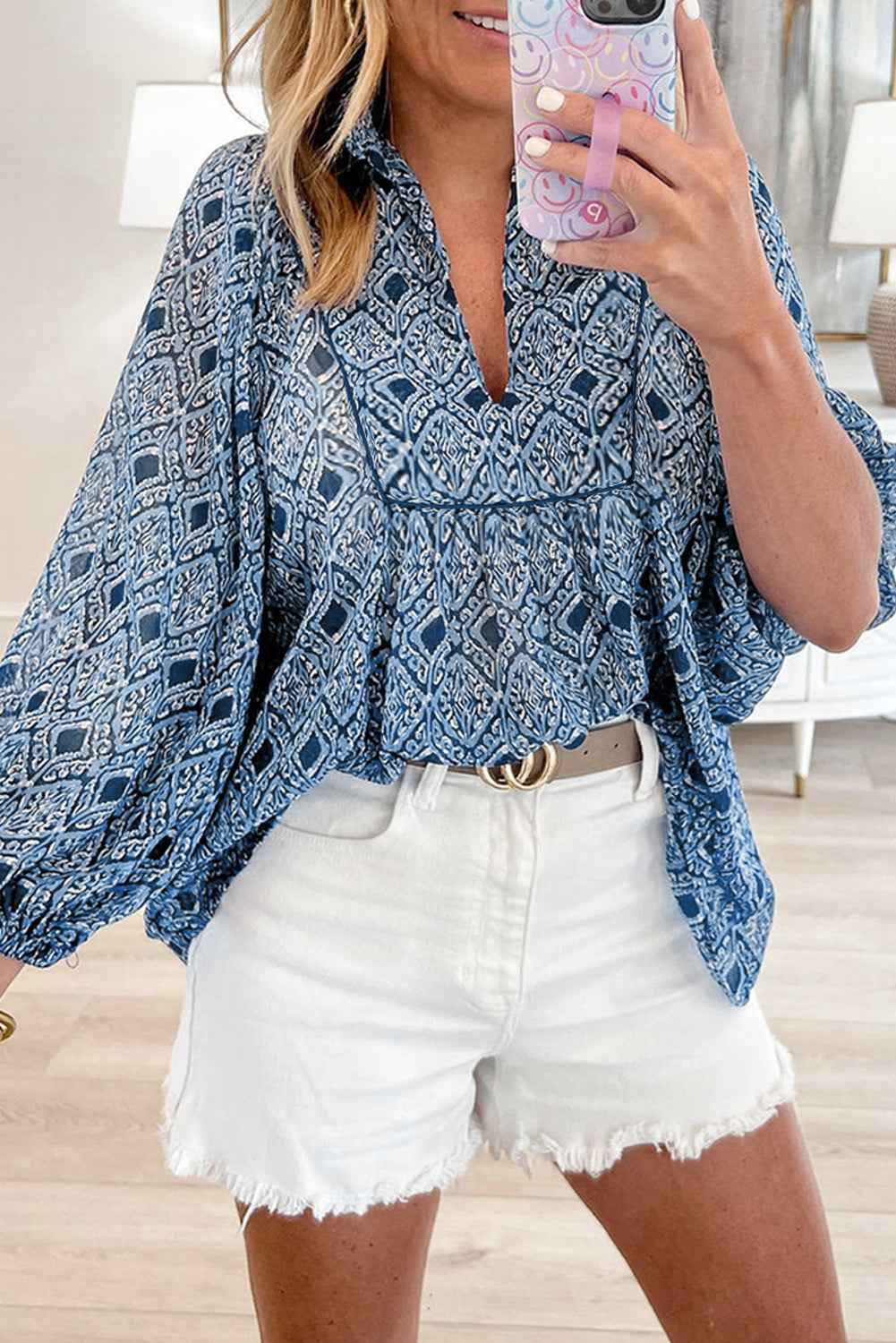 K.B. Shaws: Sky Blue Geometric Print Frill Neck Blouse