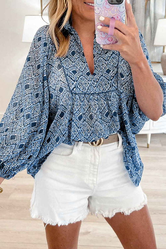 K.B. Shaws: Sky Blue Geometric Print Frill Neck Blouse