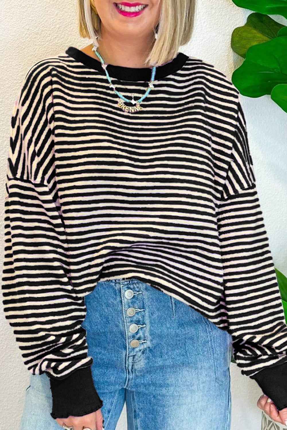 K.B. Shaws: Green Stripe Drop Shoulder Long Sleeve Top