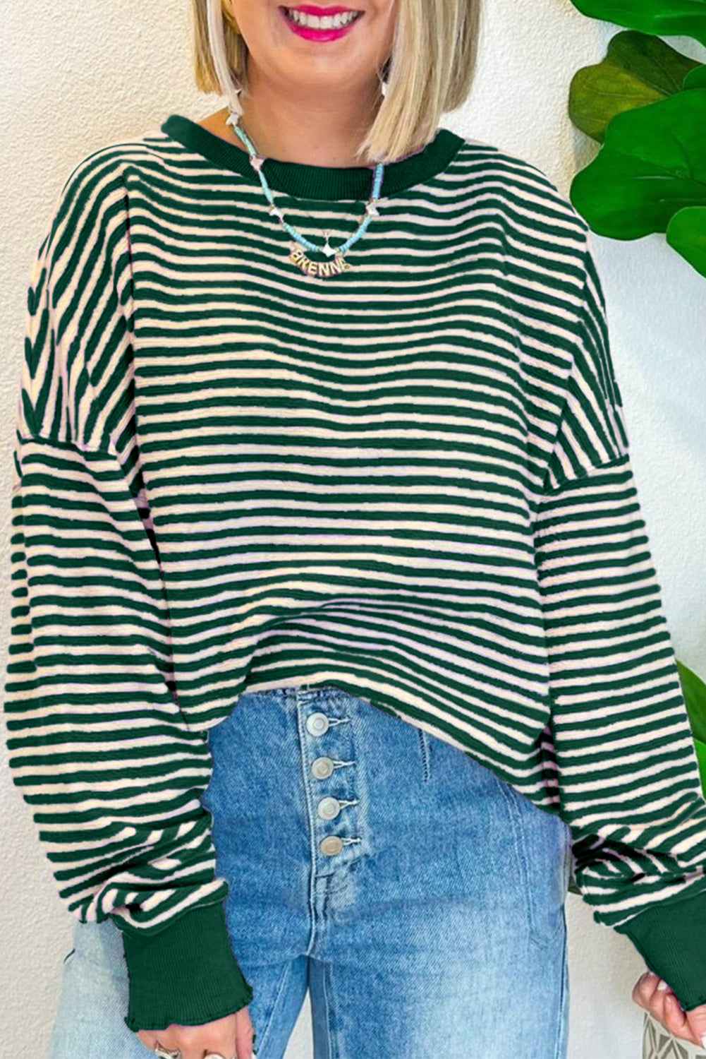 K.B. Shaws: Green Stripe Drop Shoulder Long Sleeve Top