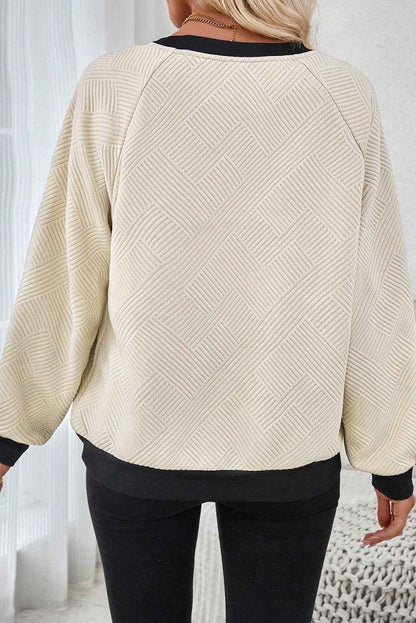 K.B. Shaws: Jet Stream Textured Contrast Trim Raglan Sleeve Top