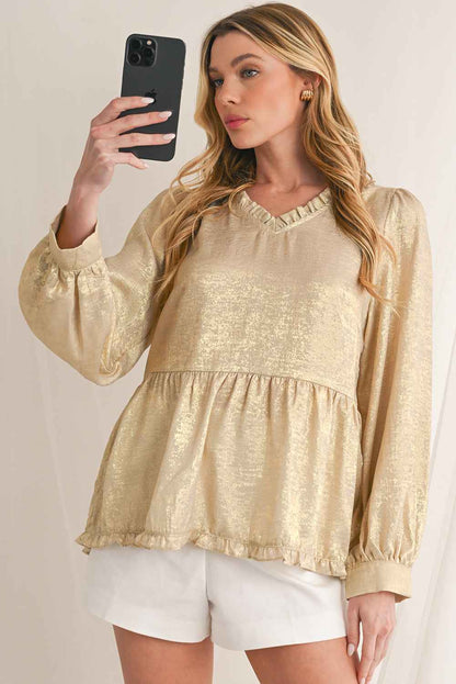 K.B. Shaws: Gold Metallic Velvet Frill V Neck Puff Sleeve Blouse