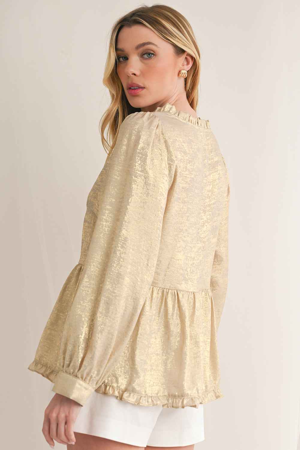 K.B. Shaws: Gold Metallic Velvet Frill V Neck Puff Sleeve Blouse