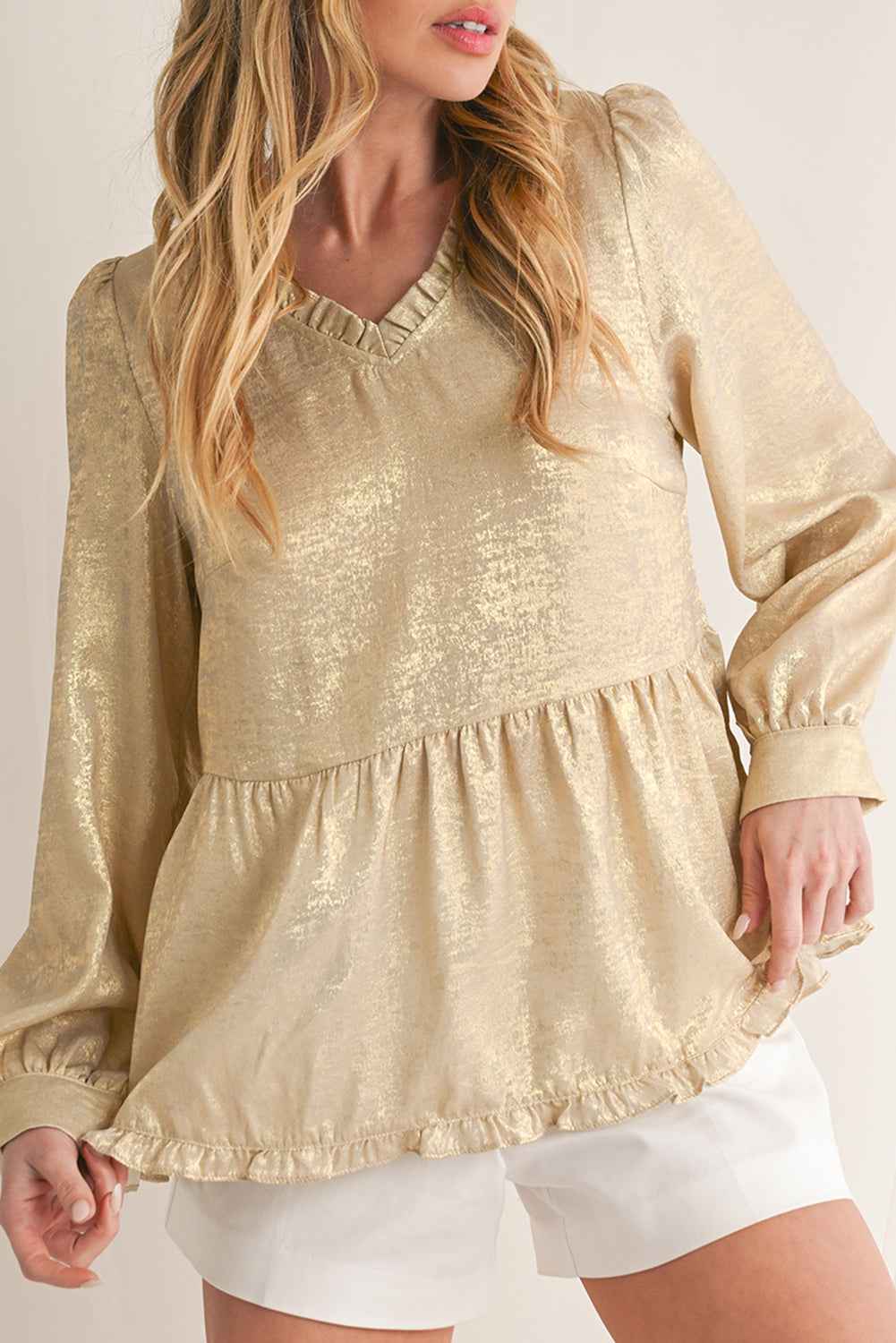 K.B. Shaws: Gold Metallic Velvet Frill V Neck Puff Sleeve Blouse