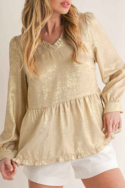 K.B. Shaws: Gold Metallic Velvet Frill V Neck Puff Sleeve Blouse