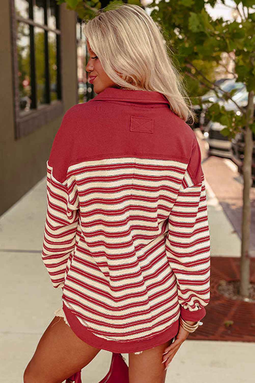 K.B. Shaws: Chic Red Stripe Collared V Neck Drop Shoulder Top