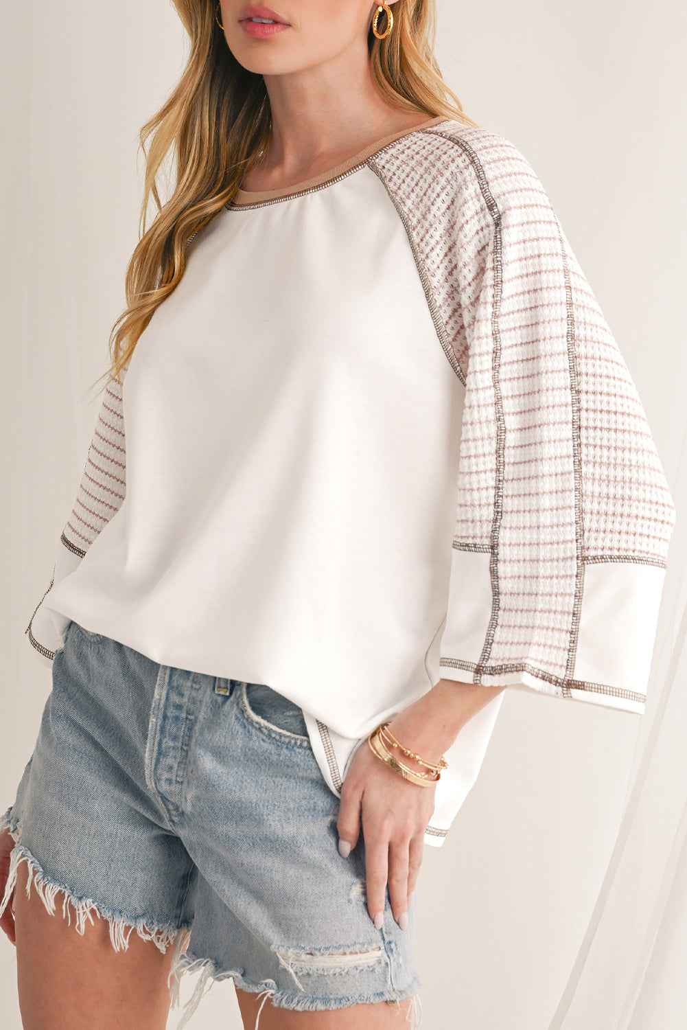 K.B. Shaws: Chic White Striped Raglan Sleeve Patchwork Top