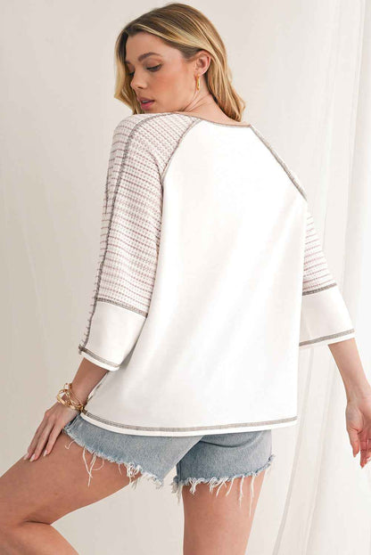 K.B. Shaws: Chic White Striped Raglan Sleeve Patchwork Top