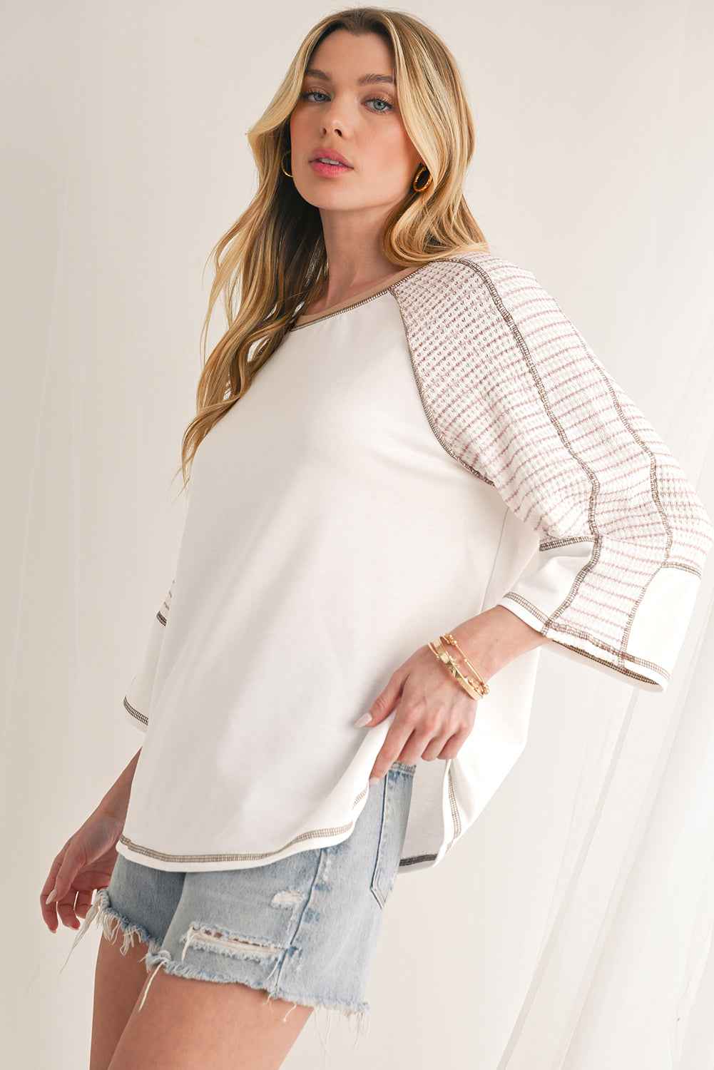 K.B. Shaws: Chic White Striped Raglan Sleeve Patchwork Top