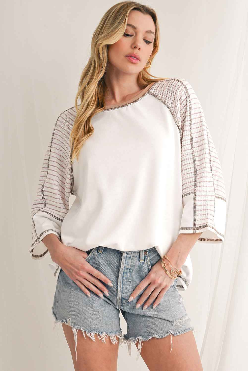 K.B. Shaws: Chic White Striped Raglan Sleeve Patchwork Top