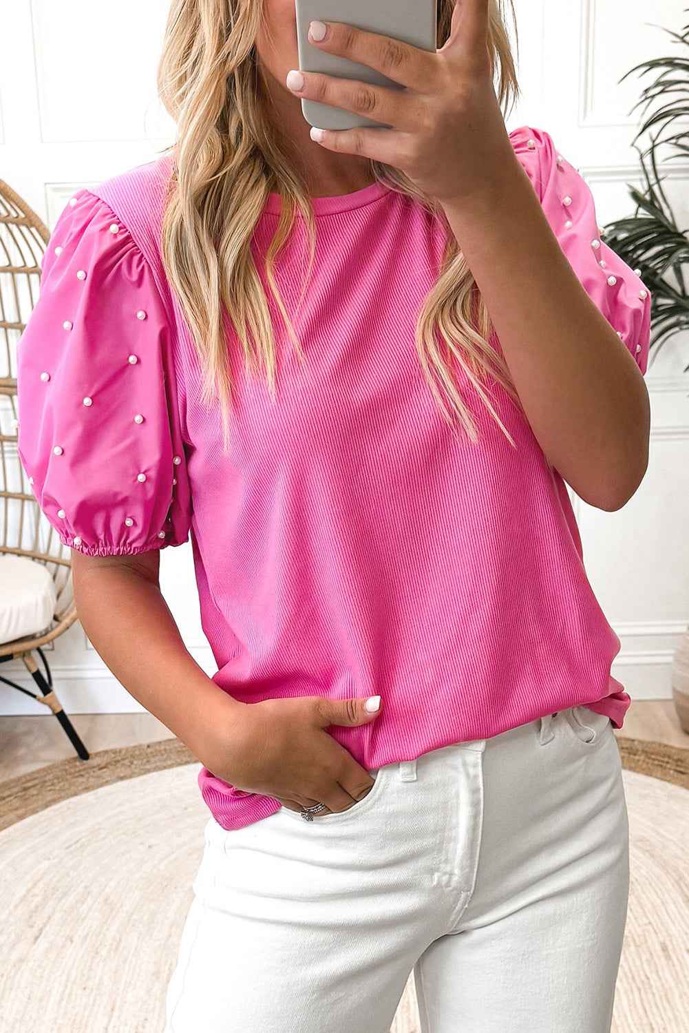 K.B. Shaws: Bright Pink Pearl Beaded Puff Sleeve Ribbed Top